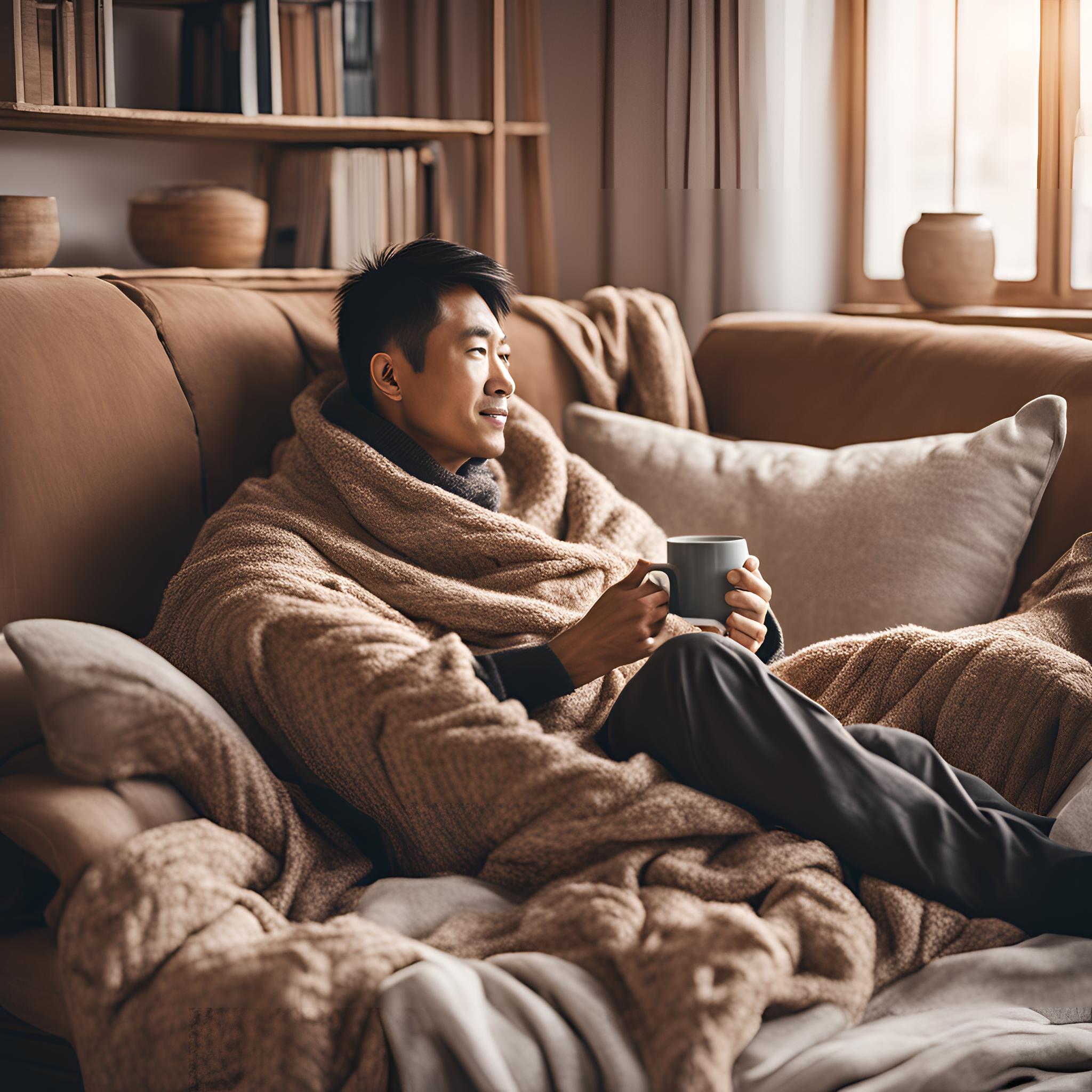 A person lounging at home in cozy, soft clothing, with a warm blanket and a mug of hot cocoa. (1).jpg__PID:5fd09960-ff71-403e-b68b-f2ba9a13f787