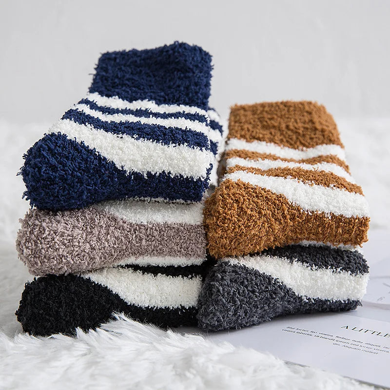 Men's Striped Fluffy Winter Socks - Coral Velvet