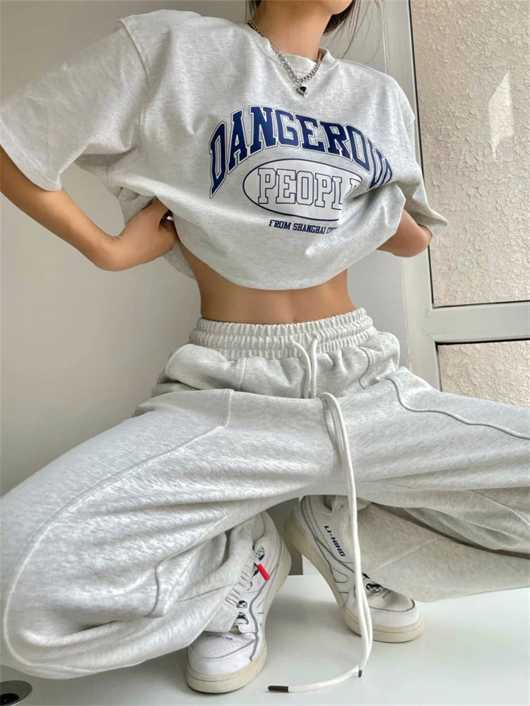 Women's Korean Fashion Wide-Leg Joggers - Harajuku Hip Hop Style