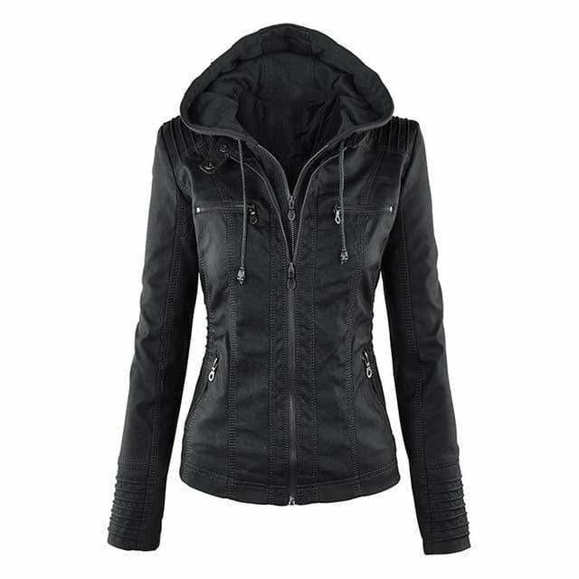 Vintage Leather Jacket with Hood for Women