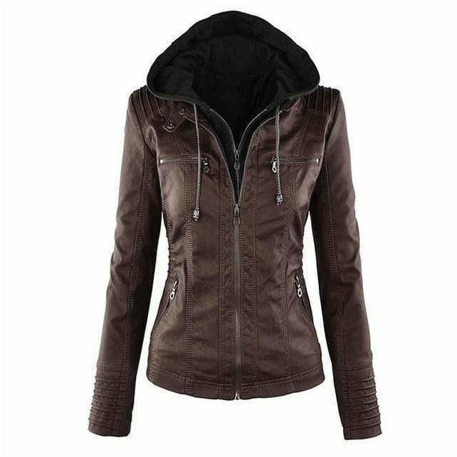 Vintage Leather Jacket with Hood for Women